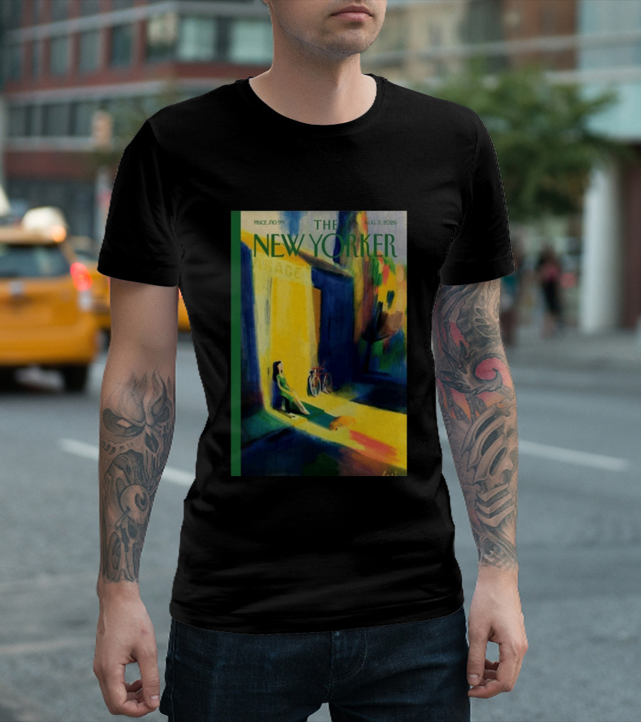 The New Yorker August 3 2026 Pierre Emmanuel Lyet Cover Art Female Figure With Bicycle In Vibrant Alley Scene T-Shirt