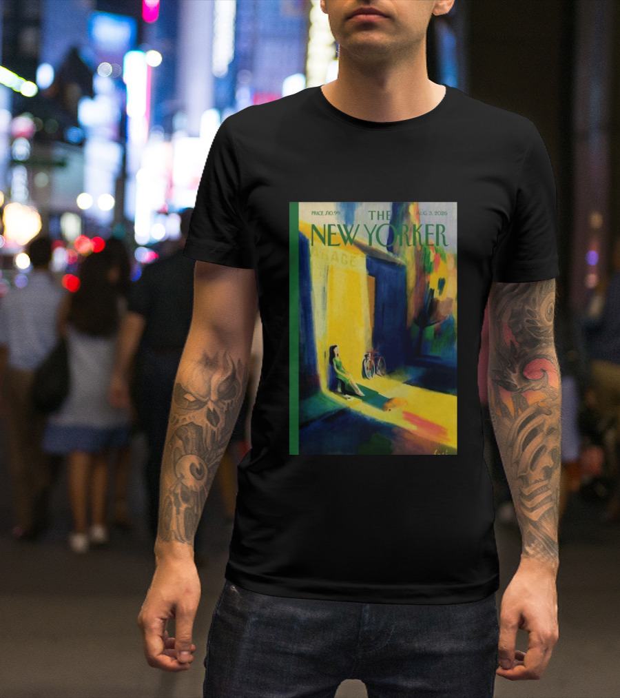 The New Yorker August 3 2026 Pierre Emmanuel Lyet Cover Art Female Figure With Bicycle In Vibrant Alley Scene T-Shirt
