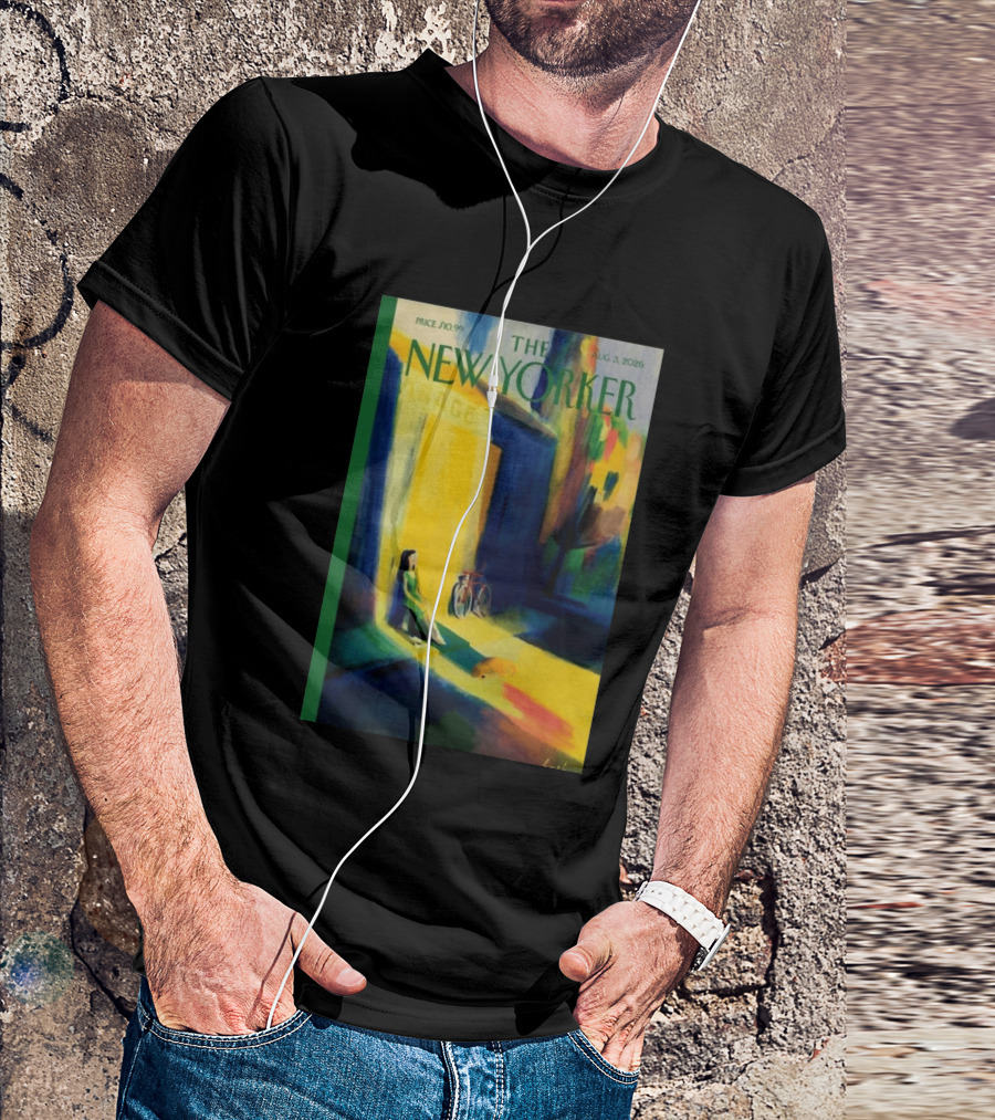 The New Yorker August 3 2026 Pierre Emmanuel Lyet Cover Art Female Figure With Bicycle In Vibrant Alley Scene T-Shirt