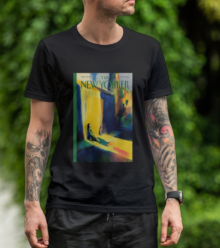 The New Yorker August 3 2026 Pierre Emmanuel Lyet Cover Art Female Figure With Bicycle In Vibrant Alley Scene T-Shirt