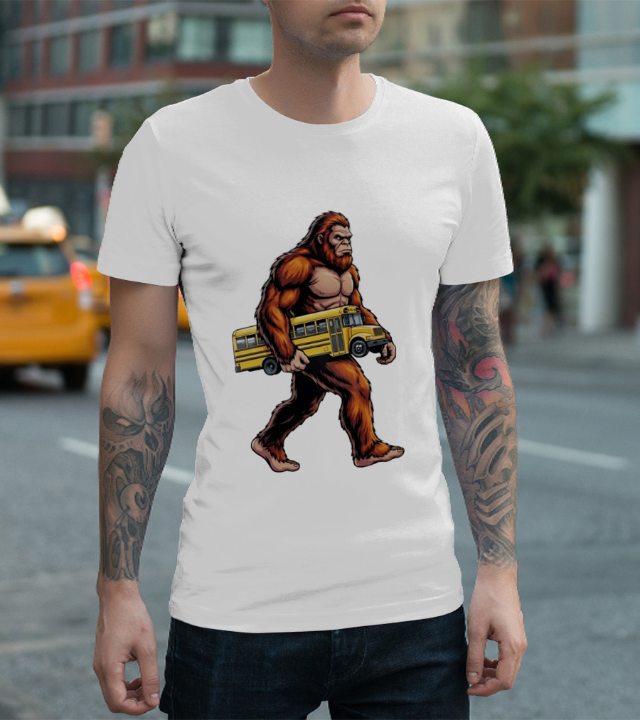 Bigfoot Sasquatch Carrying Yellow School Bus T-Shirt