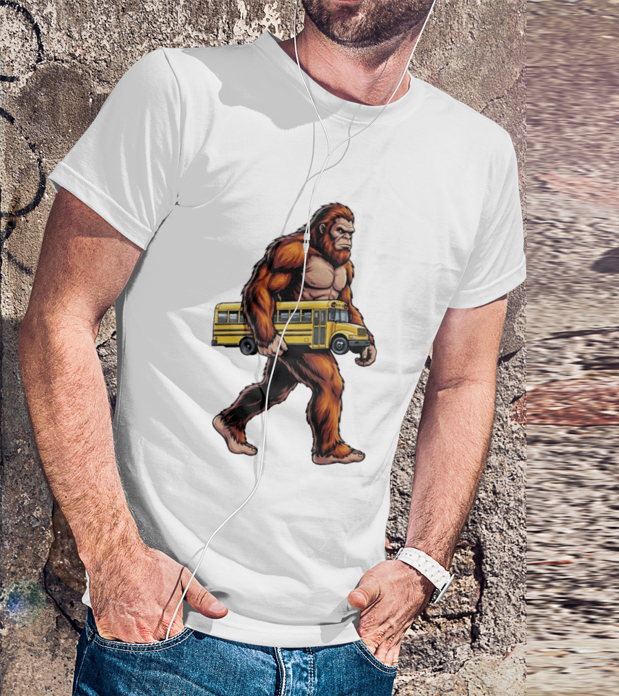 Bigfoot Sasquatch Carrying Yellow School Bus T-Shirt