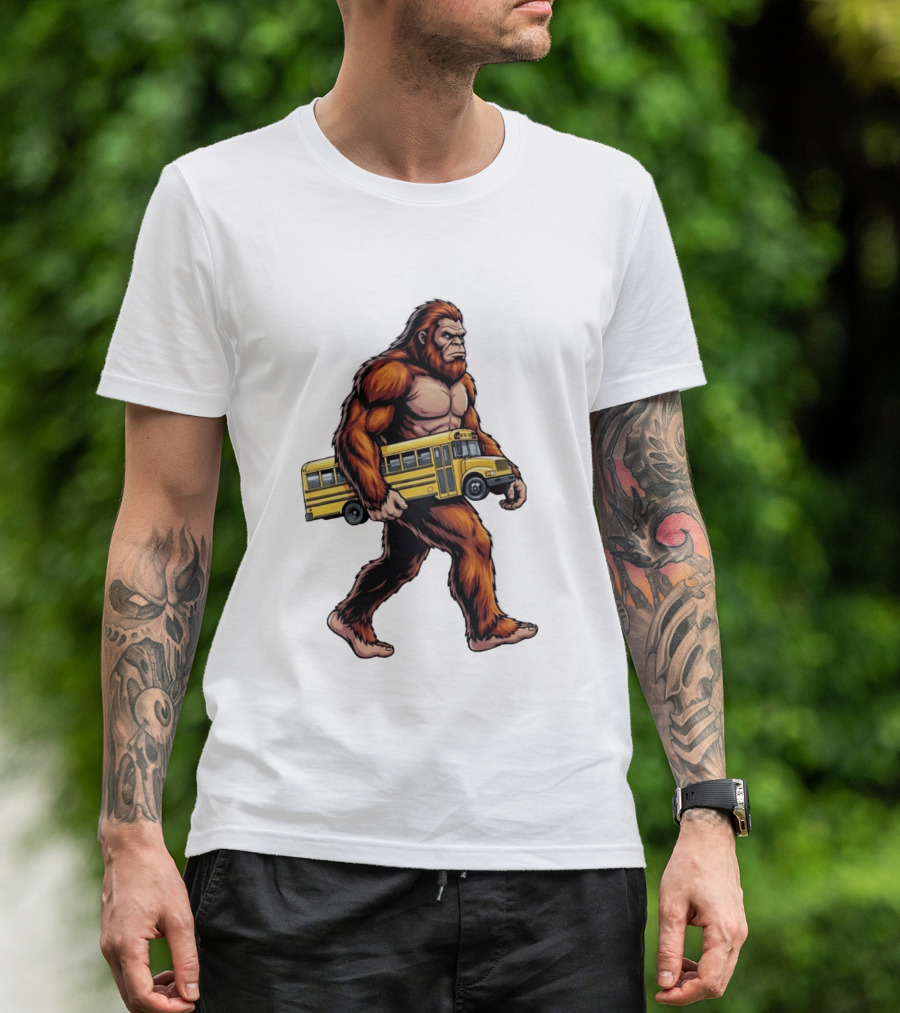 Bigfoot Sasquatch Carrying Yellow School Bus T-Shirt