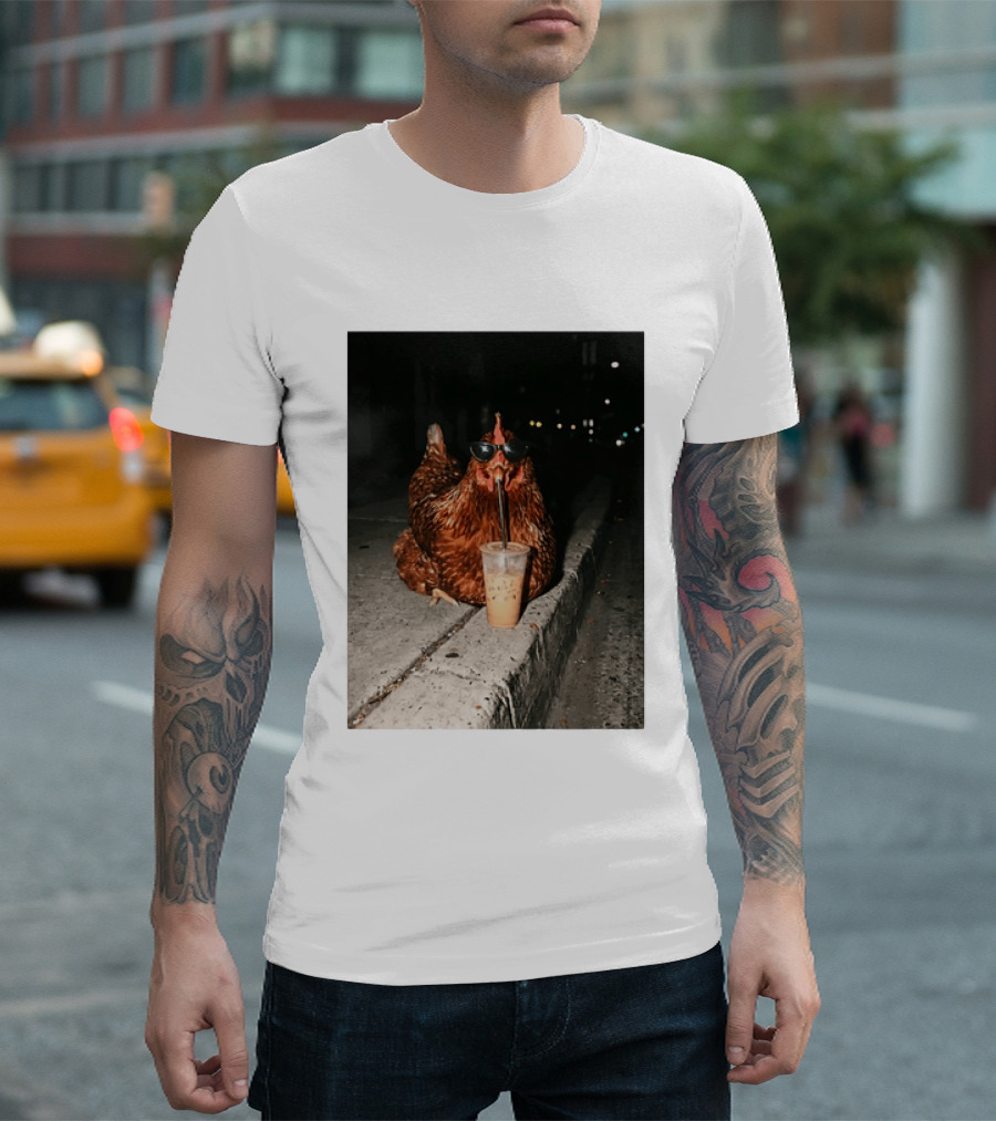 Chicken Wearing Sunglasses Drinking Iced Coffee At Night T-Shirt