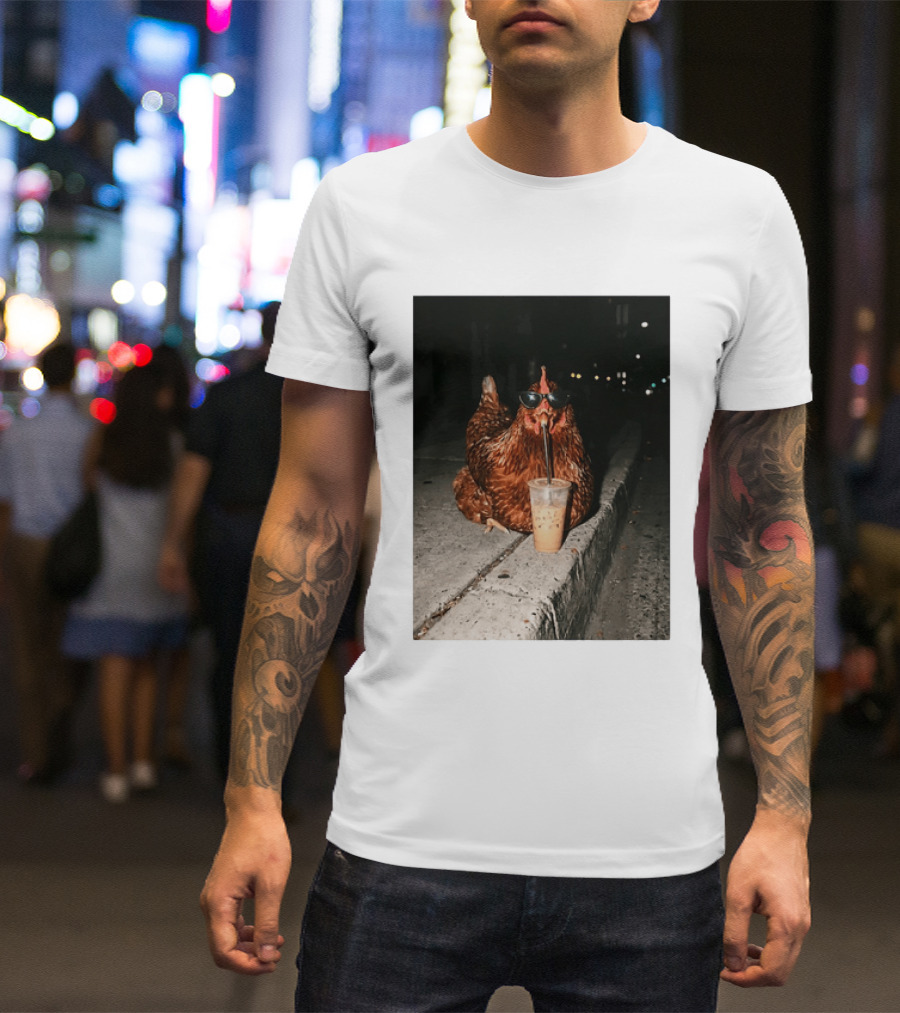 Chicken Wearing Sunglasses Drinking Iced Coffee At Night T-Shirt