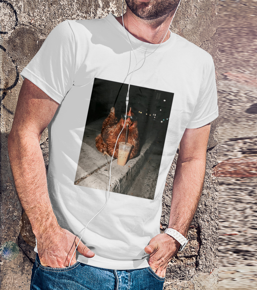 Chicken Wearing Sunglasses Drinking Iced Coffee At Night T-Shirt
