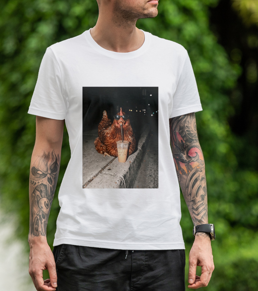 Chicken Wearing Sunglasses Drinking Iced Coffee At Night T-Shirt