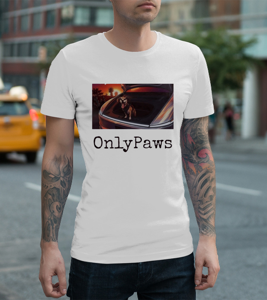 OnlyPaws Dog In Car Trunk At Sunset Desert Scene T-Shirt