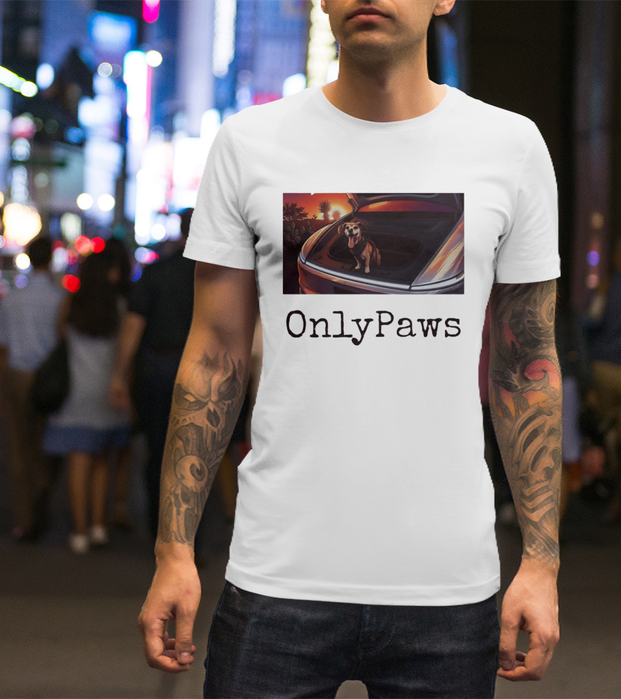 OnlyPaws Dog In Car Trunk At Sunset Desert Scene T-Shirt