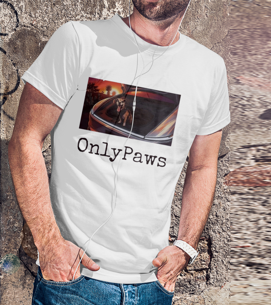 OnlyPaws Dog In Car Trunk At Sunset Desert Scene T-Shirt