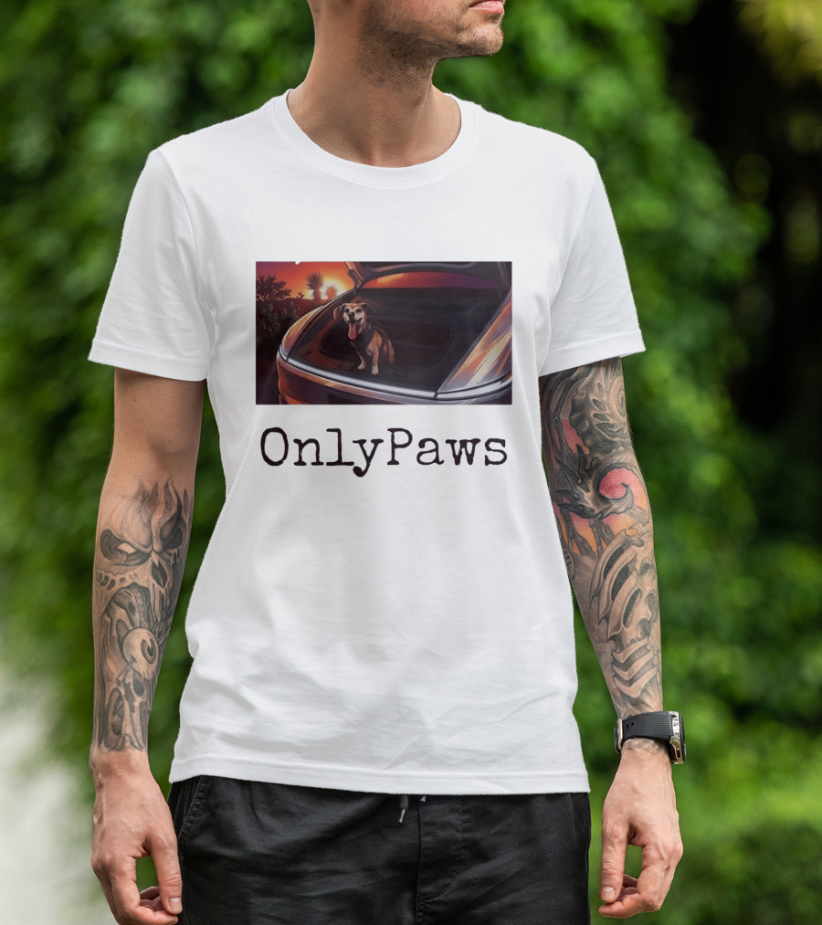 OnlyPaws Dog In Car Trunk At Sunset Desert Scene T-Shirt