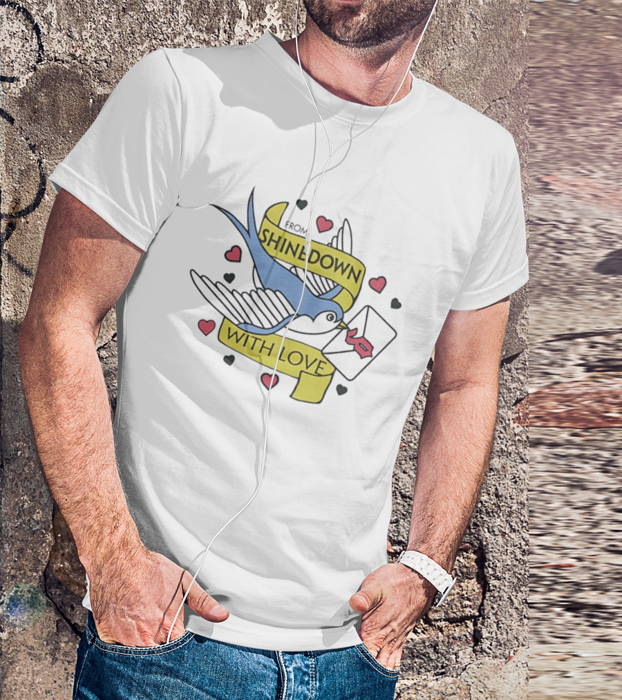 From Shinedown With Love Swallow Bird Carrying Letter Hearts Rock Music T-Shirt
