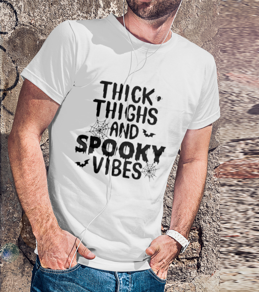 Thick Thighs And Spooky Vibes Halloween 2025 Cartoon With Bats And Spiderwebs T-Shirt