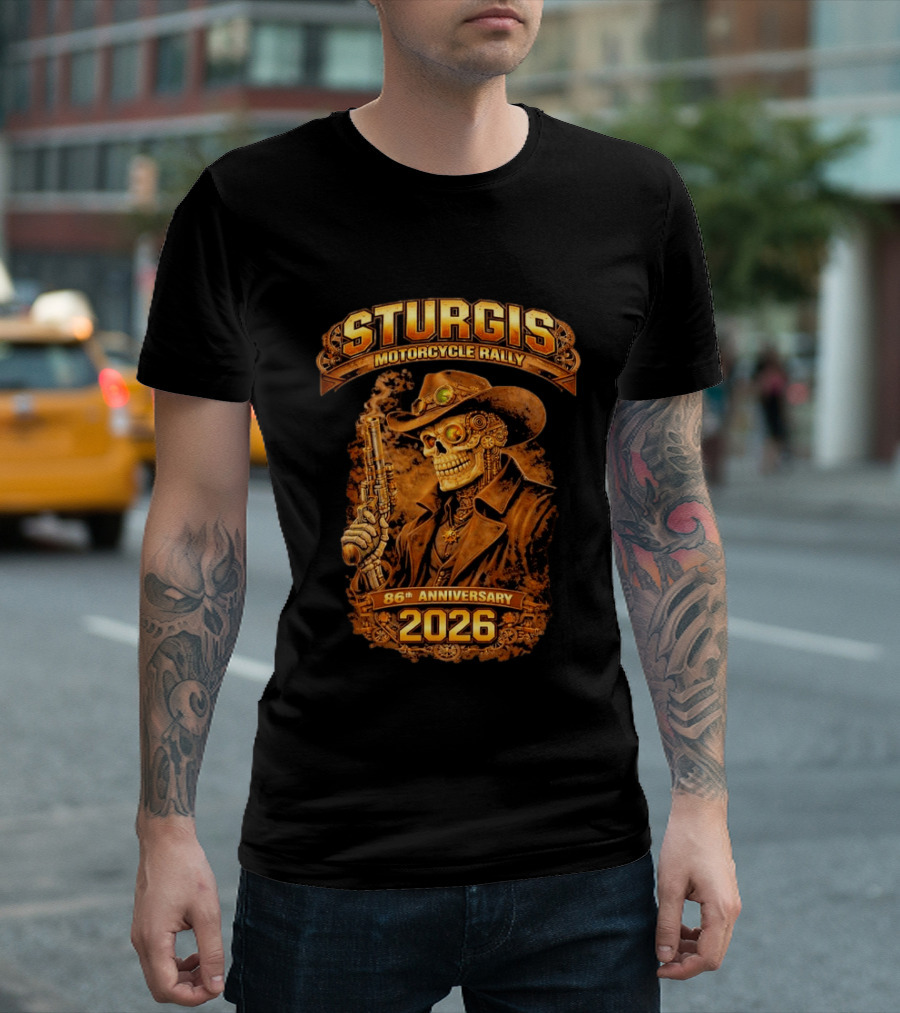 Sturgis Motorcycle Rally 2026 86th Anniversary Steampunk Cowboy Skull T-Shirt
