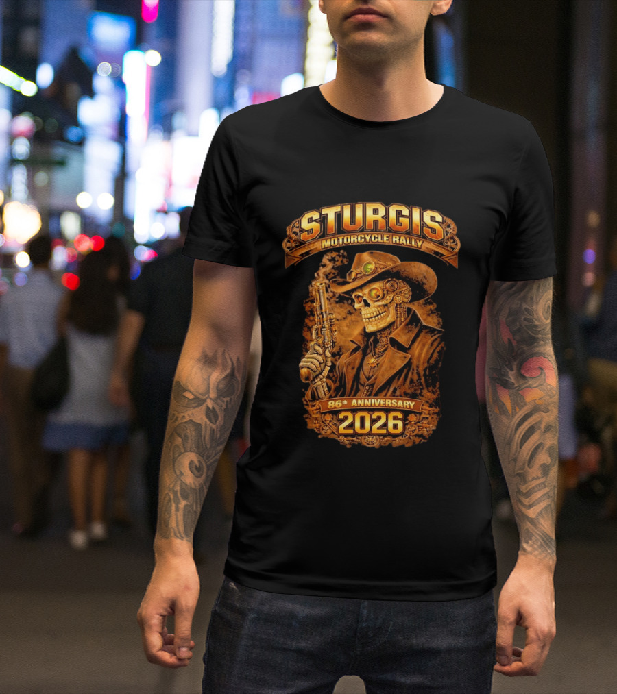 Sturgis Motorcycle Rally 2026 86th Anniversary Steampunk Cowboy Skull T-Shirt