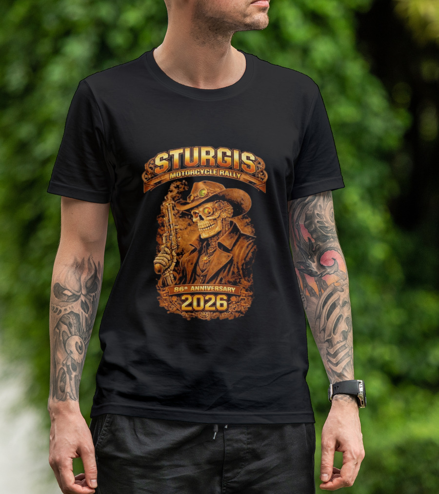 Sturgis Motorcycle Rally 2026 86th Anniversary Steampunk Cowboy Skull T-Shirt