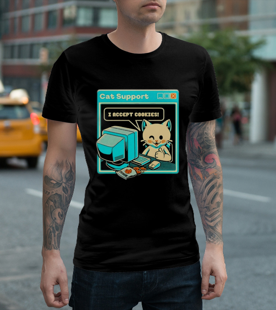 Cat Support I Accept Cookies Computer Cartoon Comic T-Shirt