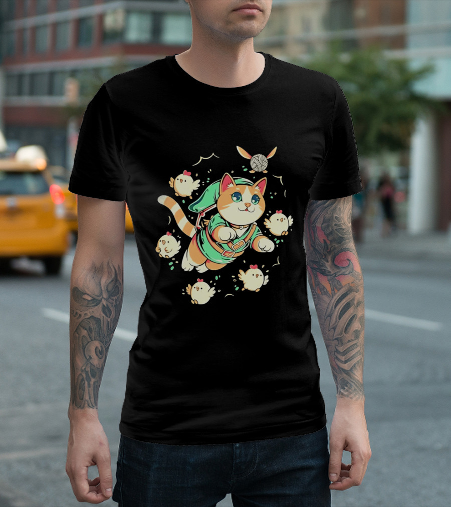 Fantasy Adventurer Cat In Green Tunic With Chickens And Yarn Ball T-Shirt