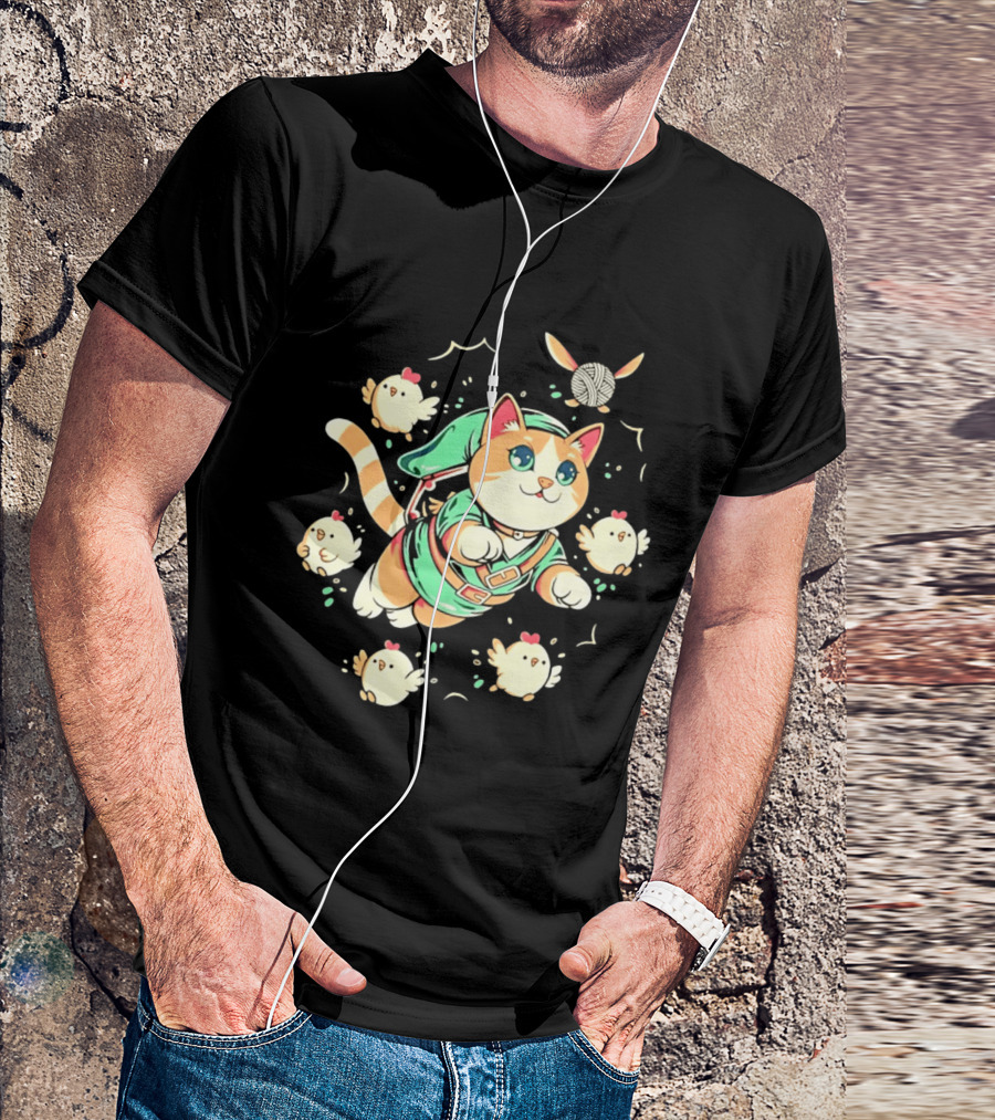 Fantasy Adventurer Cat In Green Tunic With Chickens And Yarn Ball T-Shirt