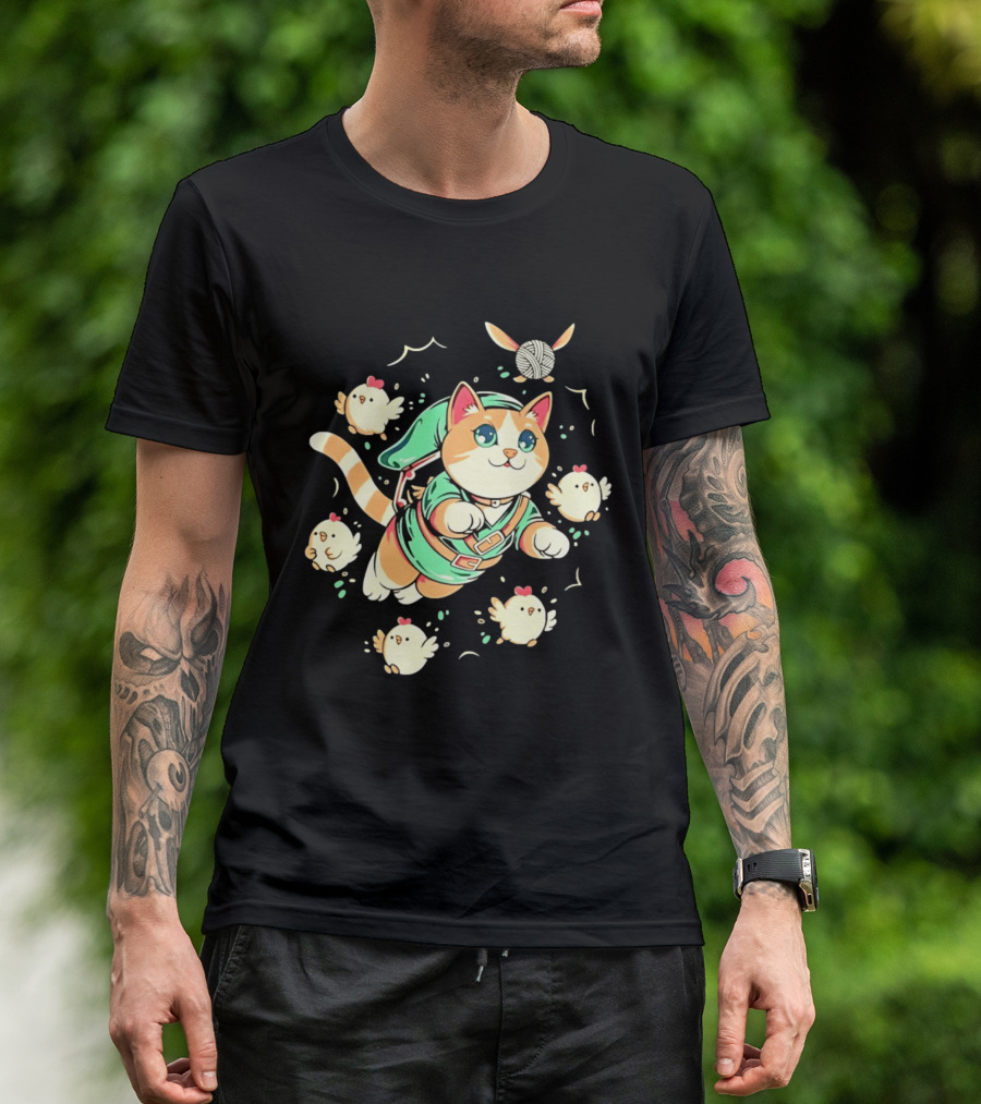 Fantasy Adventurer Cat In Green Tunic With Chickens And Yarn Ball T-Shirt
