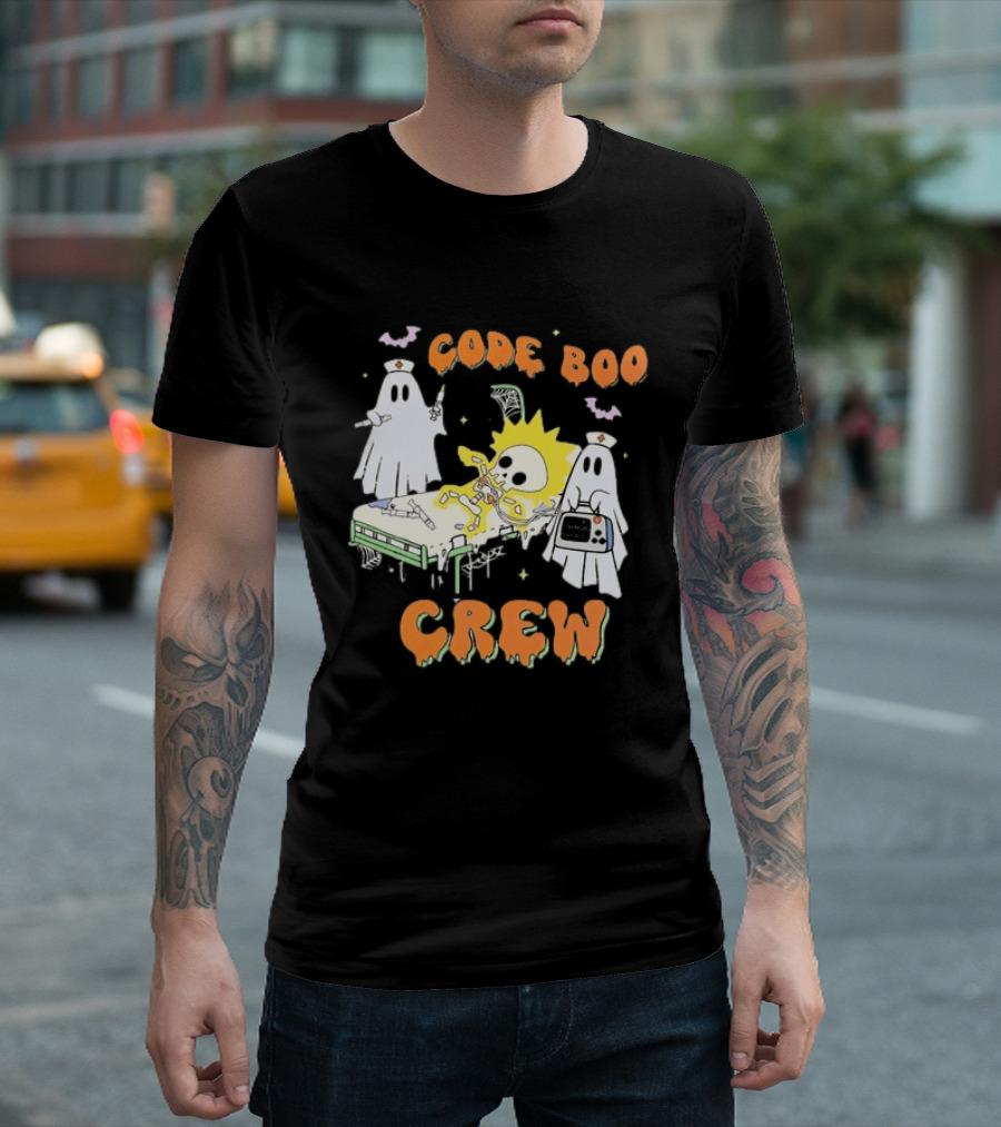 Code Boo Crew Halloween Ghost Nurse Skeleton Scene T-Shirt