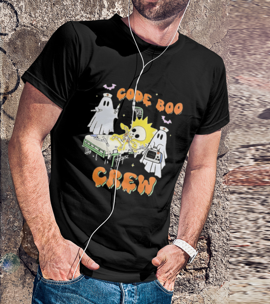 Code Boo Crew Halloween Ghost Nurse Skeleton Scene T-Shirt