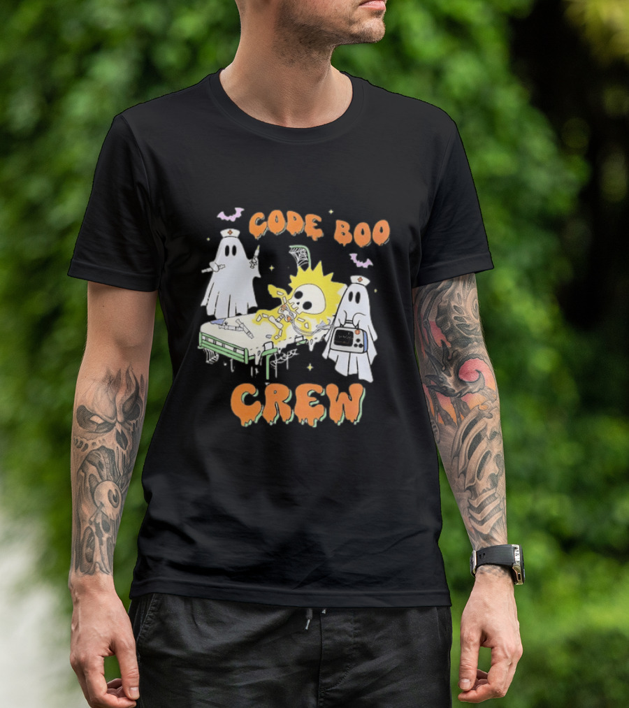 Code Boo Crew Halloween Ghost Nurse Skeleton Scene T-Shirt