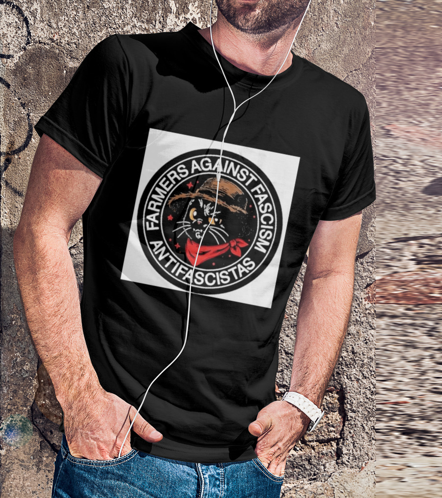 Farmers Against Fascism Antifascistas Cat Straw Hat Red Bandana T-Shirt