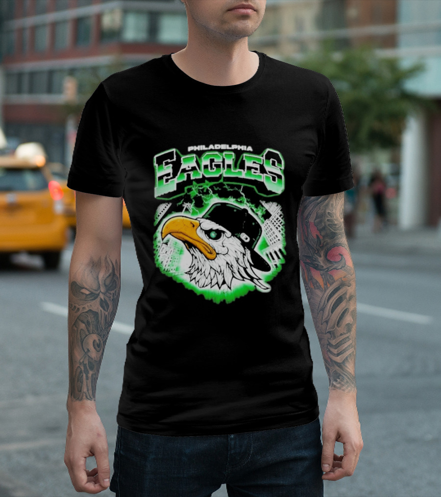Philadelphia Eagles Mascot With Baseball Cap And City Skyline T-Shirt