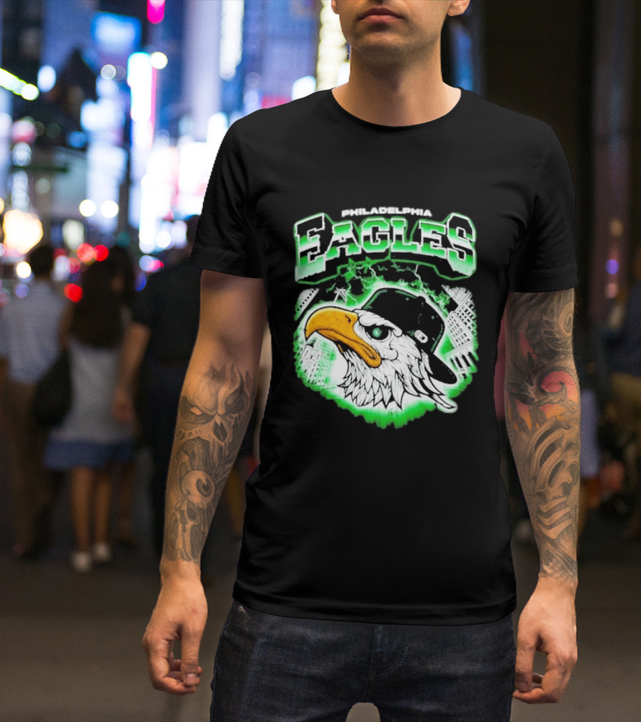 Philadelphia Eagles Mascot With Baseball Cap And City Skyline T-Shirt