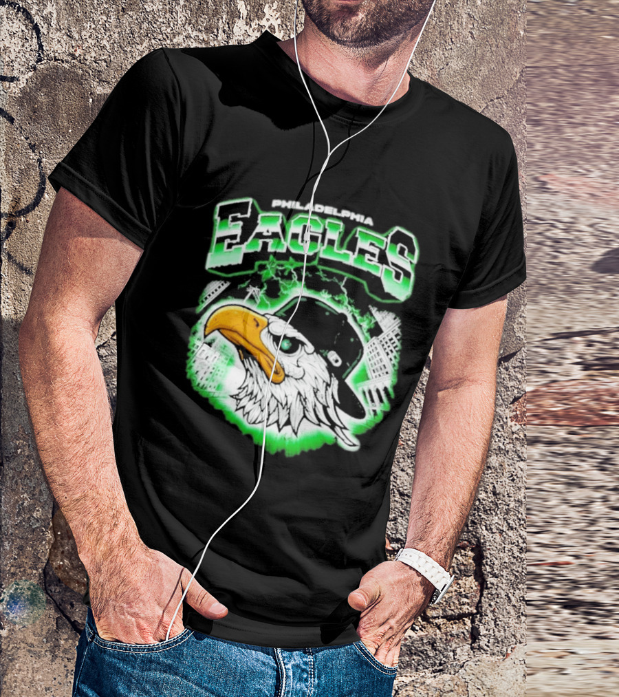Philadelphia Eagles Mascot With Baseball Cap And City Skyline T-Shirt