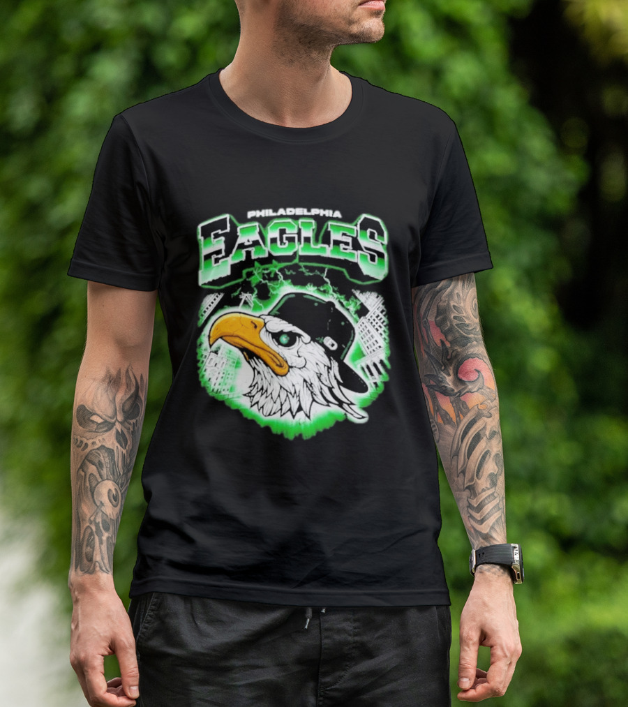 Philadelphia Eagles Mascot With Baseball Cap And City Skyline T-Shirt