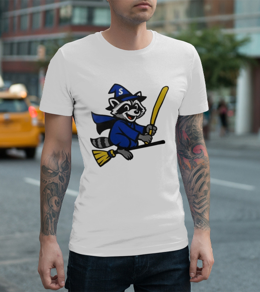 Seattle Mariners Jimothy The Etsy Witch Raccoon Flying Broomstick T-Shirt