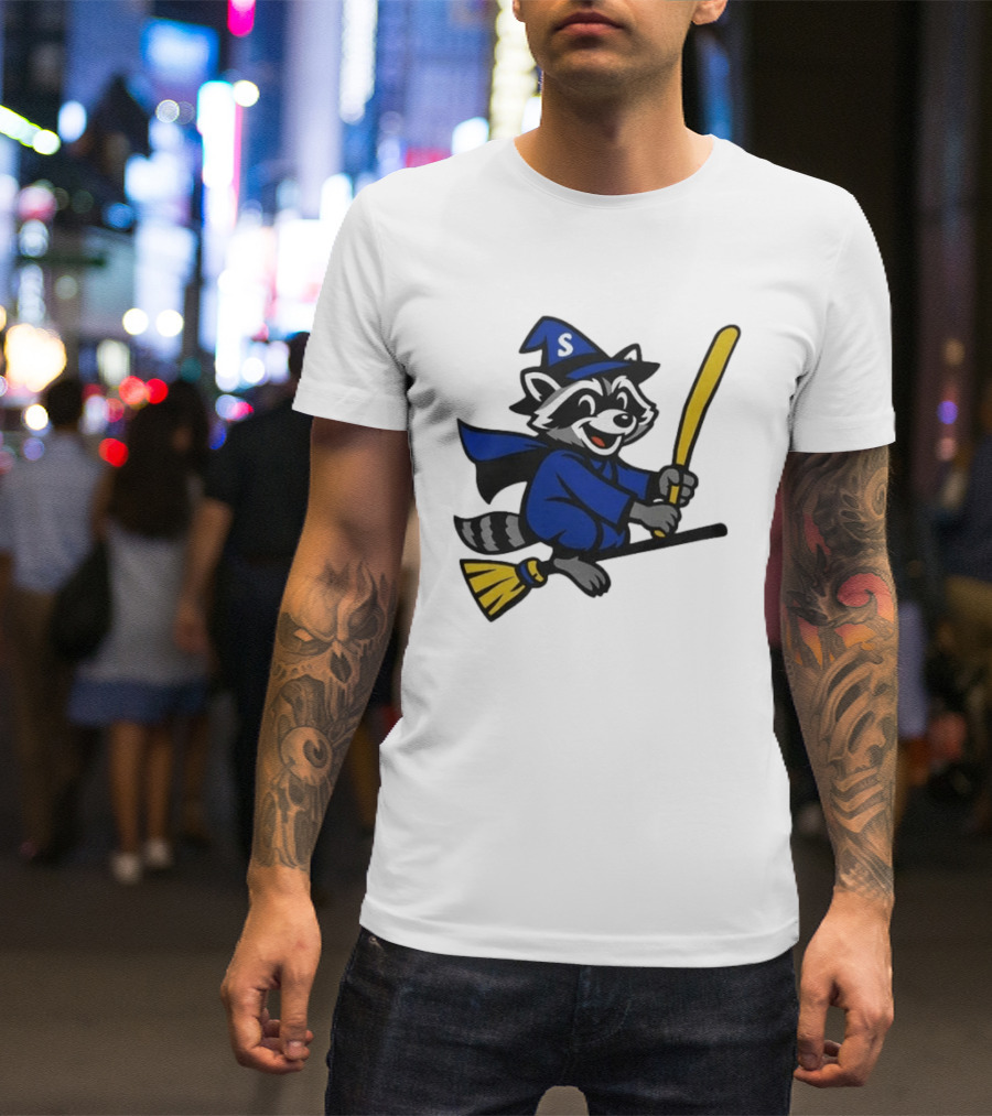 Seattle Mariners Jimothy The Etsy Witch Raccoon Flying Broomstick T-Shirt