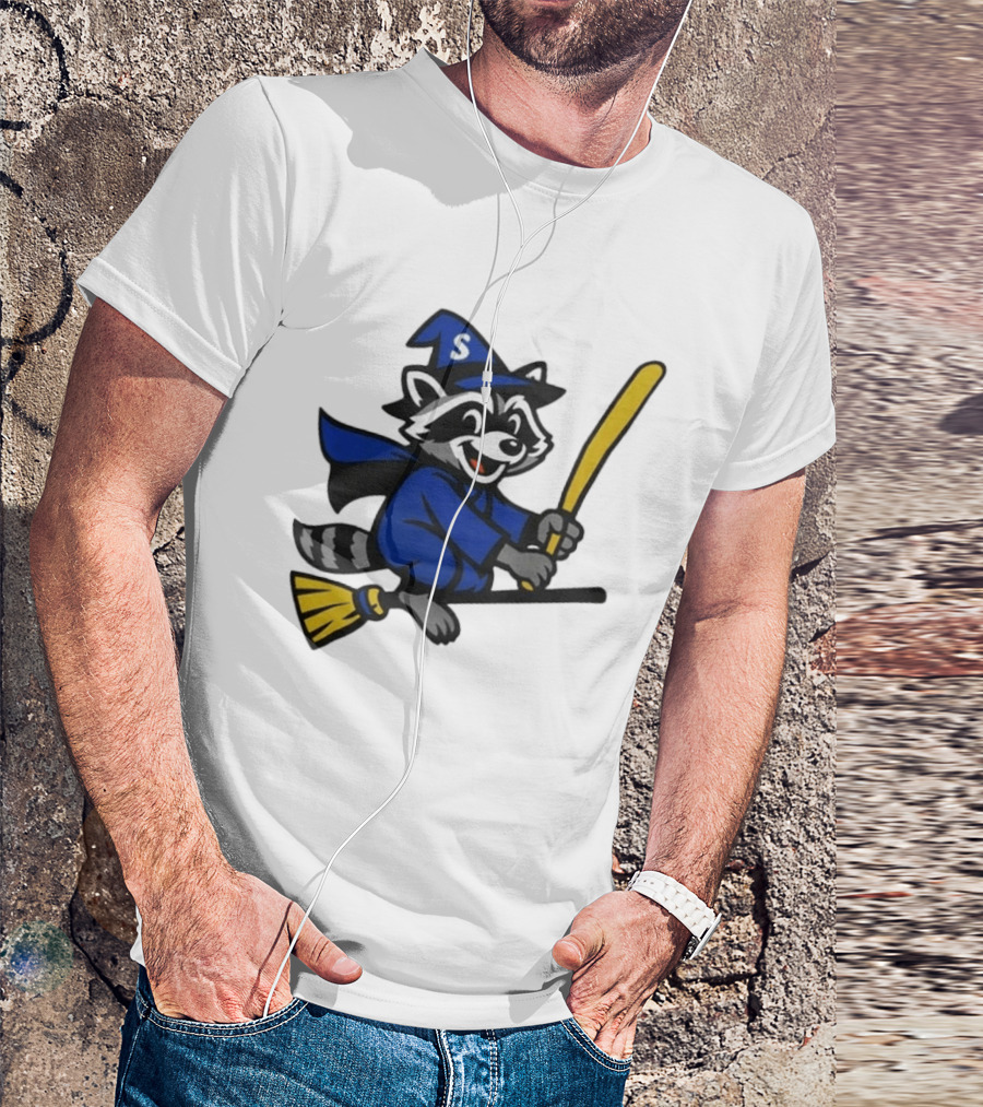 Seattle Mariners Jimothy The Etsy Witch Raccoon Flying Broomstick T-Shirt