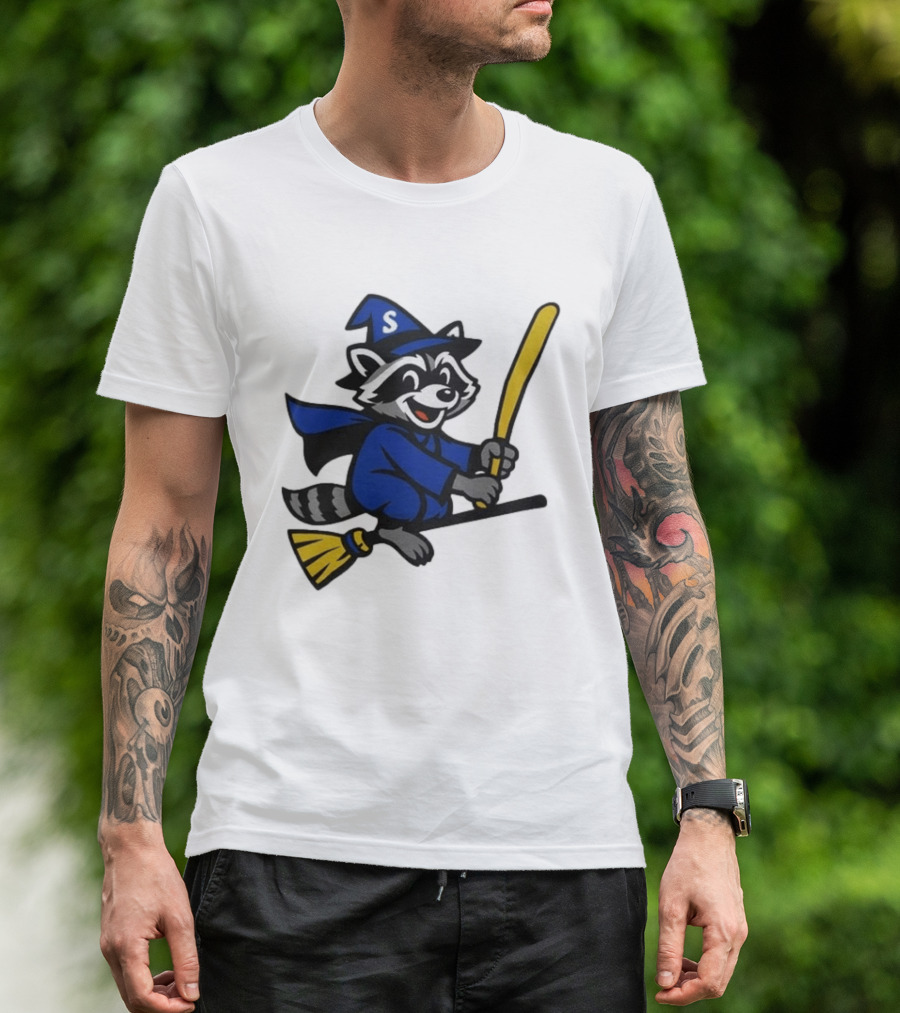 Seattle Mariners Jimothy The Etsy Witch Raccoon Flying Broomstick T-Shirt