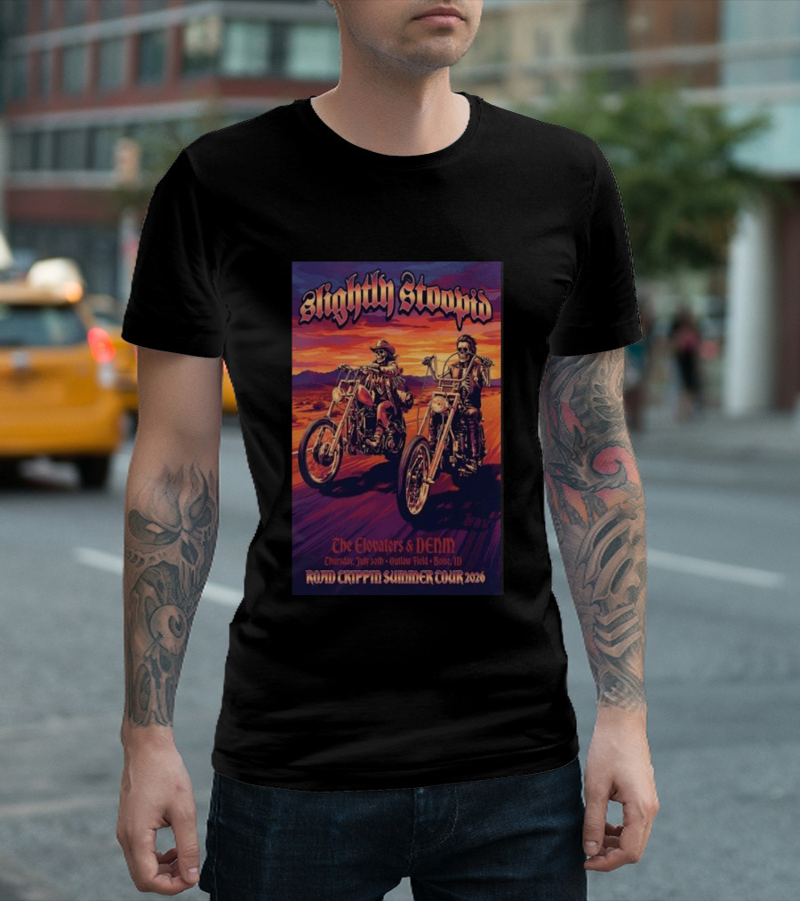 Slightly Stoopid Road Trippin Summer Tour 2026 The Elovaters DENM Boise Thursday July 30 Outlaw Field T-Shirt