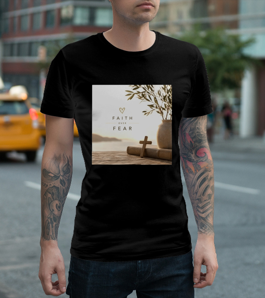 Faith Over Fear Christian Cross Heart With Bible And Olive Branches T-Shirt