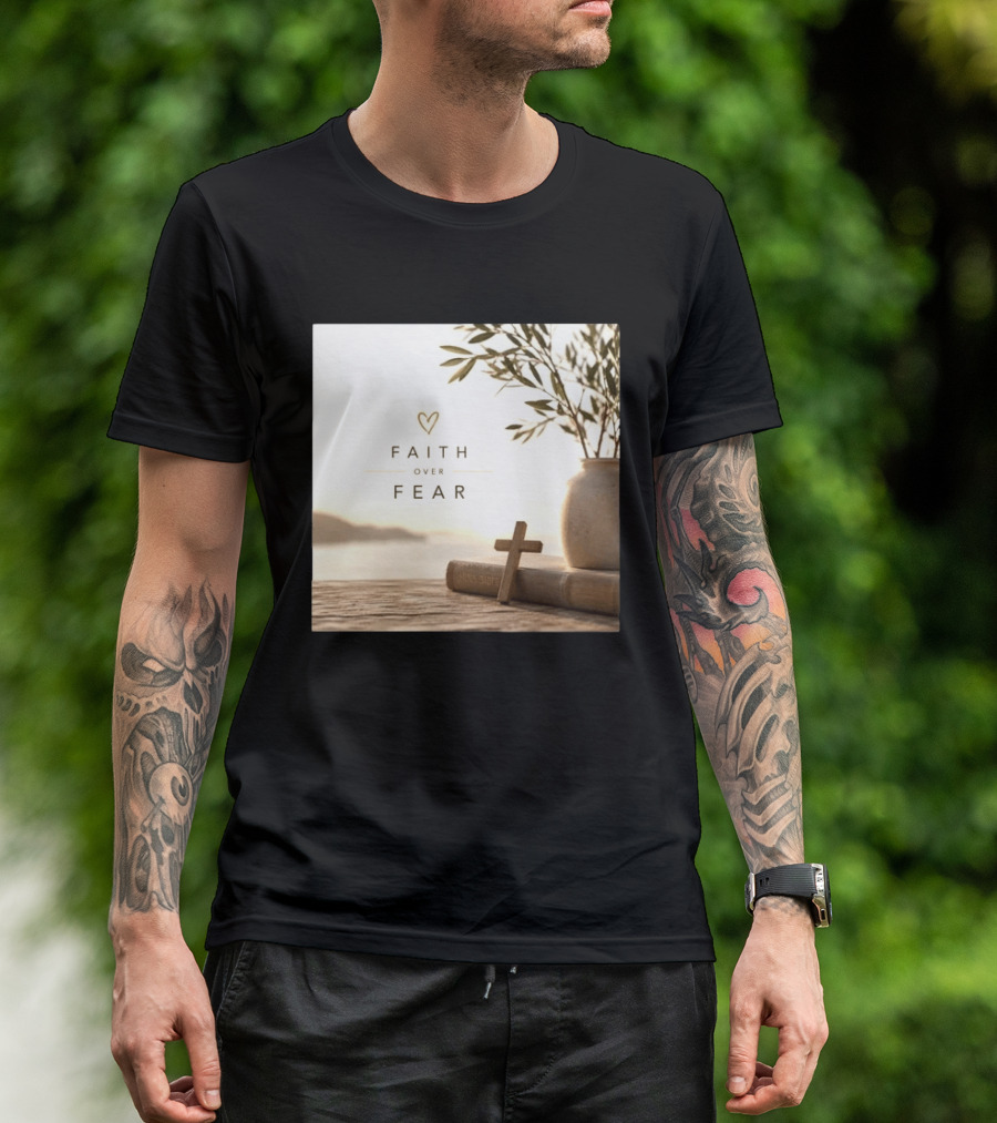 Faith Over Fear Christian Cross Heart With Bible And Olive Branches T-Shirt