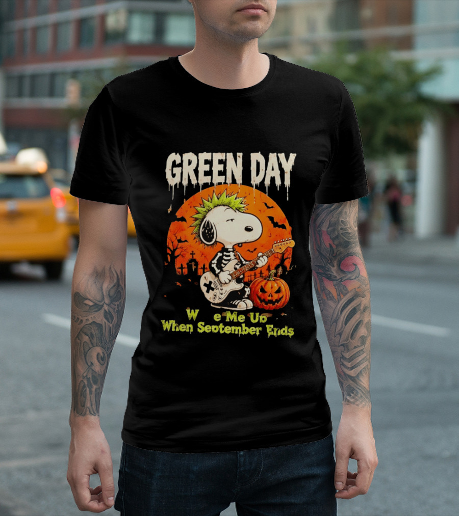 Green Day Snoopy Skeleton Guitar Wake Me Up When September Ends Halloween Pumpkin T-Shirt