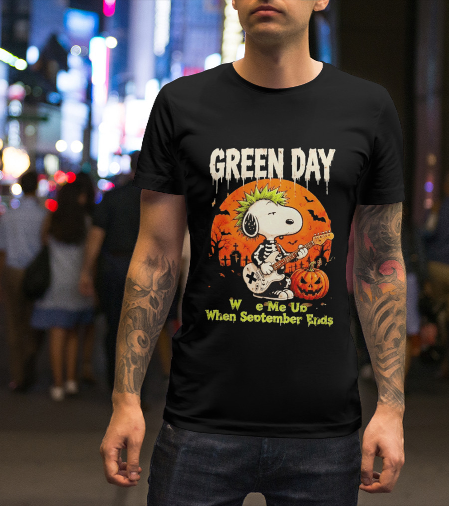 Green Day Snoopy Skeleton Guitar Wake Me Up When September Ends Halloween Pumpkin T-Shirt