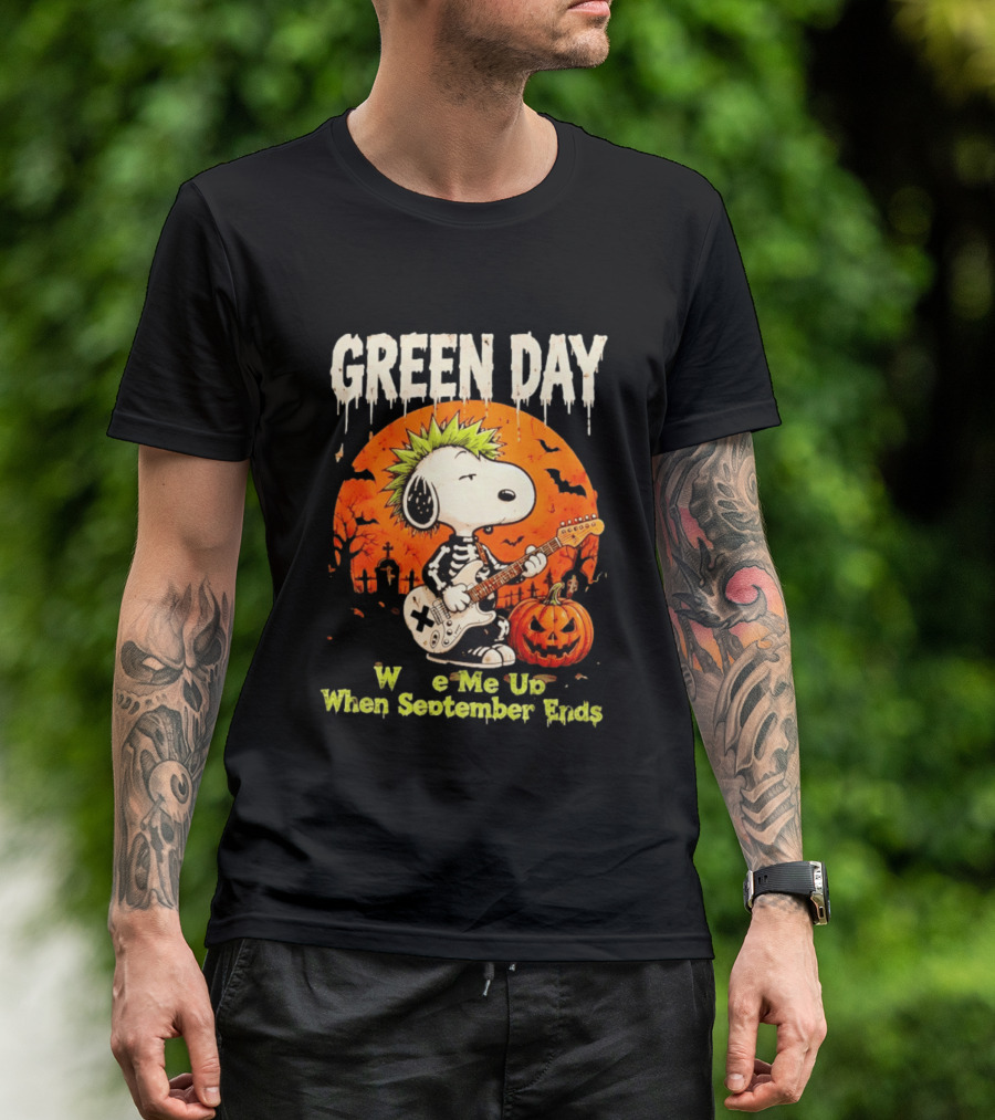 Green Day Snoopy Skeleton Guitar Wake Me Up When September Ends Halloween Pumpkin T-Shirt