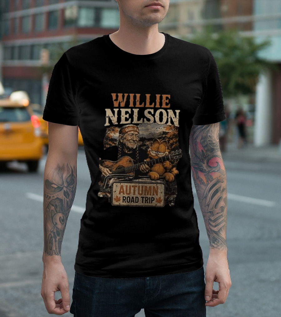 Willie Nelson Autumn Road Trip With Orange Cat T-Shirt