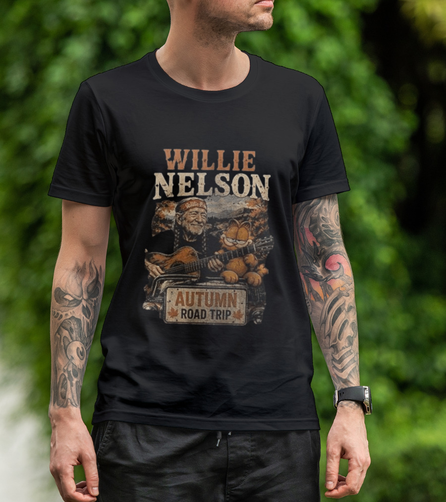 Willie Nelson Autumn Road Trip With Orange Cat T-Shirt