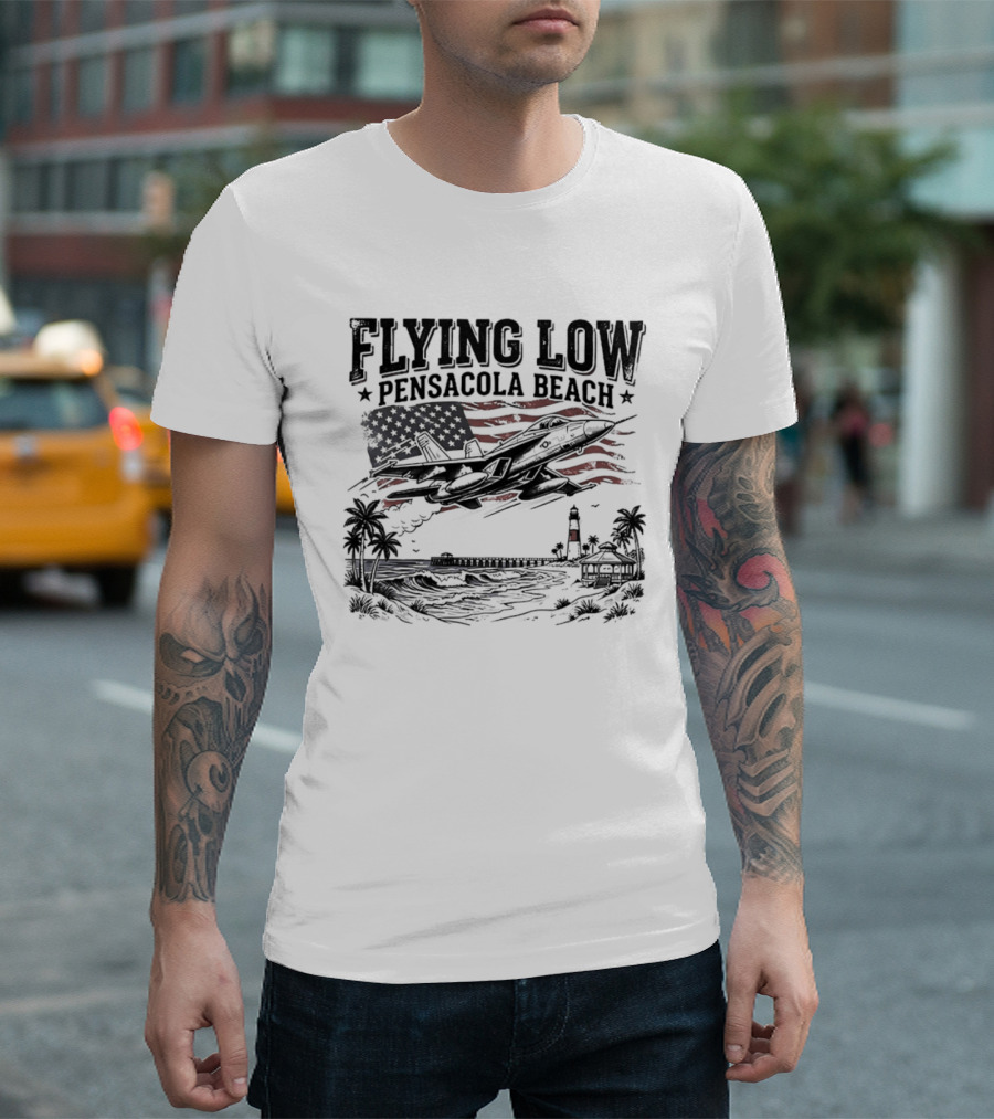 Flying Low Pensacola Beach American Flag Fighter Jet Scenic Beach View T-Shirt
