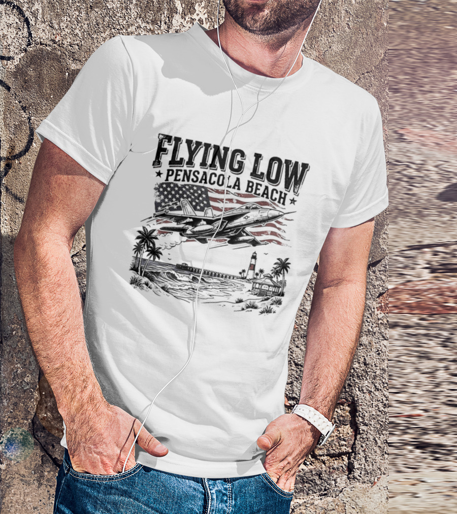 Flying Low Pensacola Beach American Flag Fighter Jet Scenic Beach View T-Shirt