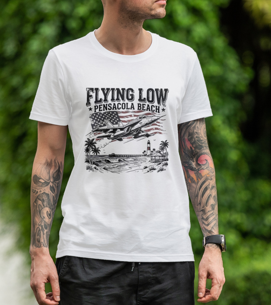 Flying Low Pensacola Beach American Flag Fighter Jet Scenic Beach View T-Shirt