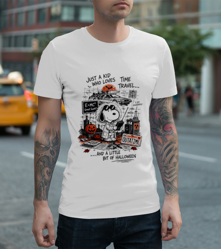 Snoopy Just A Kid Who Loves Time Travel Halloween Pumpkin Scene T-Shirt