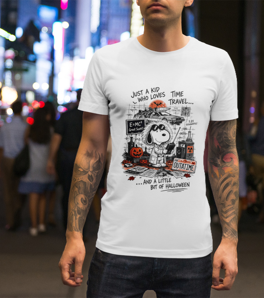 Snoopy Just A Kid Who Loves Time Travel Halloween Pumpkin Scene T-Shirt