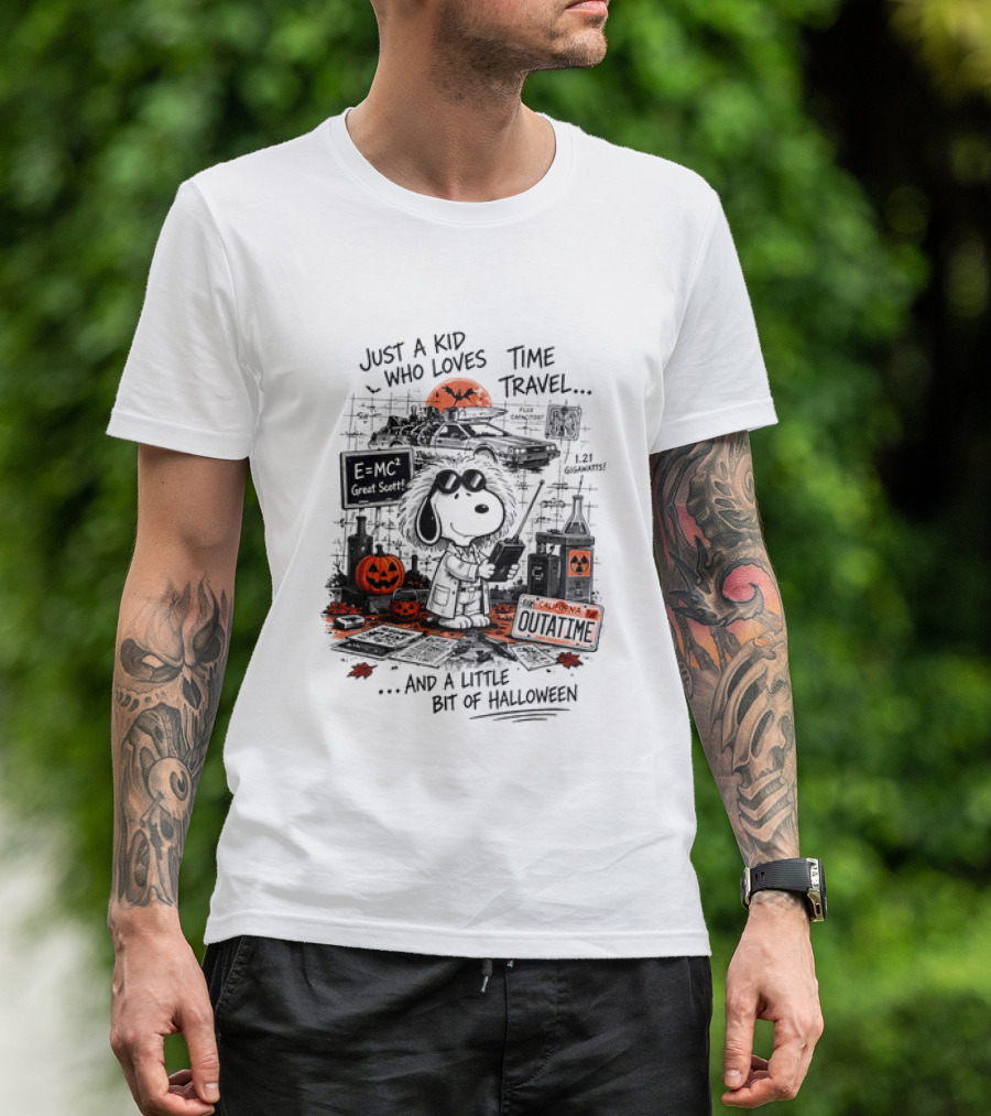Snoopy Just A Kid Who Loves Time Travel Halloween Pumpkin Scene T-Shirt